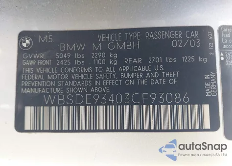2003 BMW M5 z USA, uszkodzony, nr VIN WBSDE93403CF93086